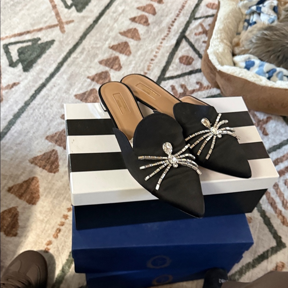 Aquazzura Black Pointed-Toe Mules with Crystal Spider Detail